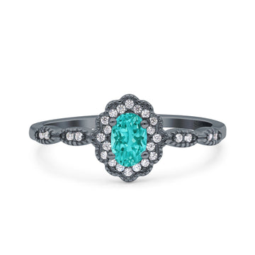 Halo Vintage Floral Art Deco Wedding Ring Oval Black Tone, Simulated Paraiba Tourmaline CZ 925 Sterling Silver